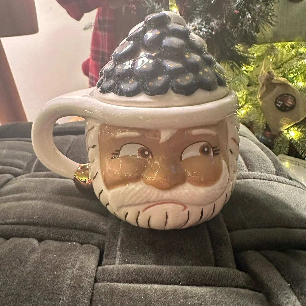 Glitterville Studios Santa Mug Naughty Nice mug with Marshmallow Coal Lid New